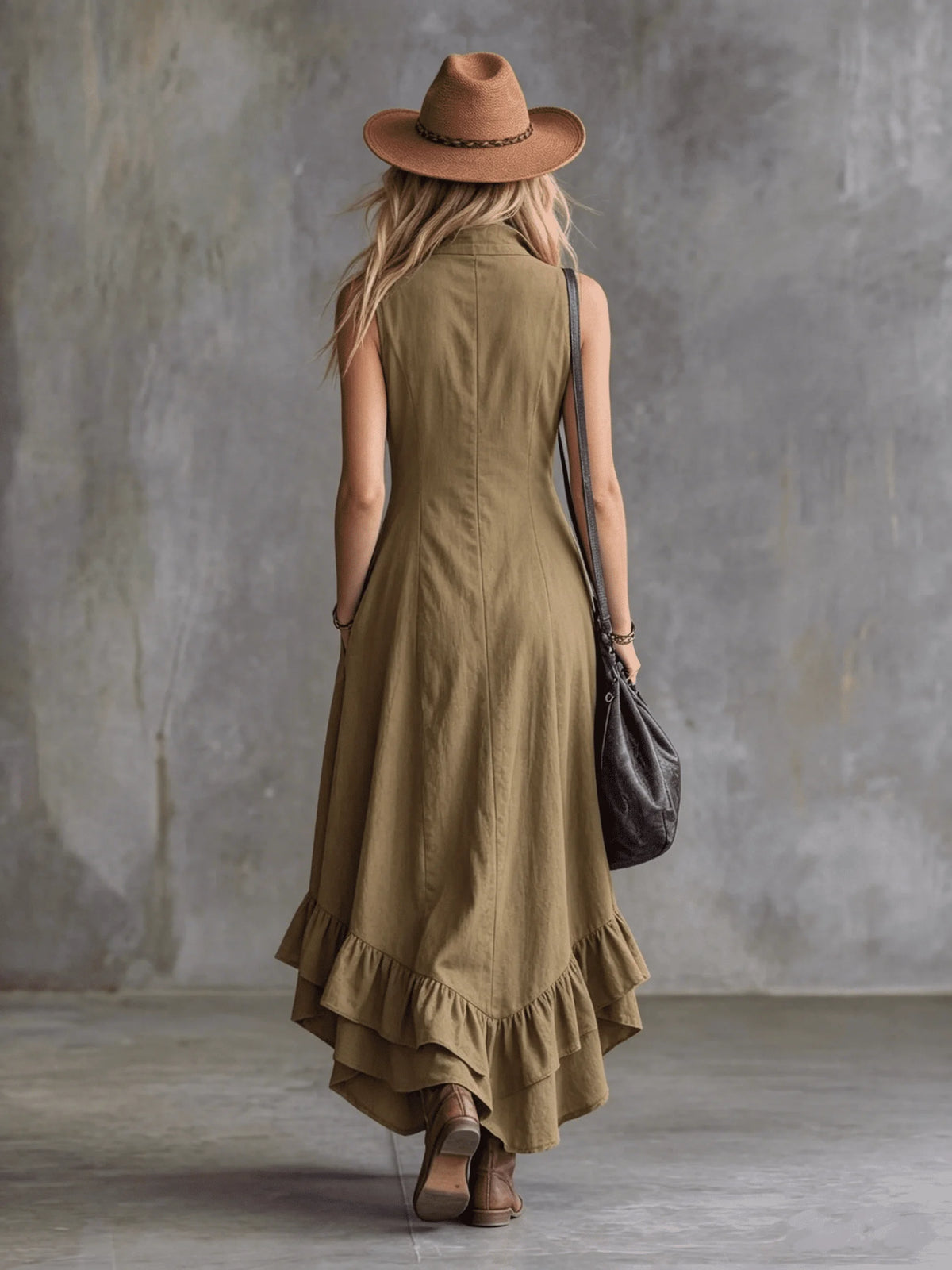 Women's Sleeveless Half Zip Maxi Dress Stand Collar High Low Ruffle Hem A-Line Long Dress with Pockets