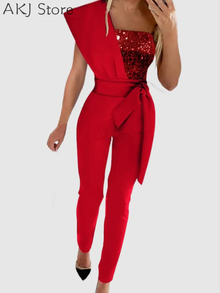 Women Elegant Sequin Decor One Shoulder Party Jumpsuit