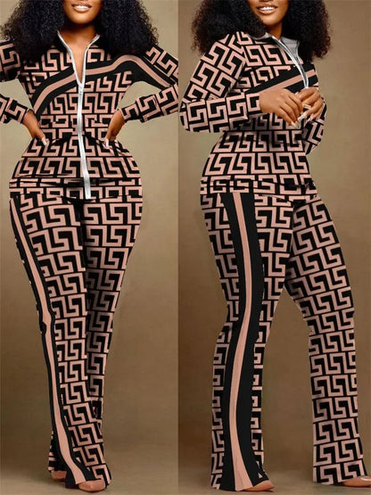 Spring Autumn Two Piece Sets Women Geometric Print Zip Up Top Coat Pants Set Outifits Fashion Tracksuit Casual Elegant Suit