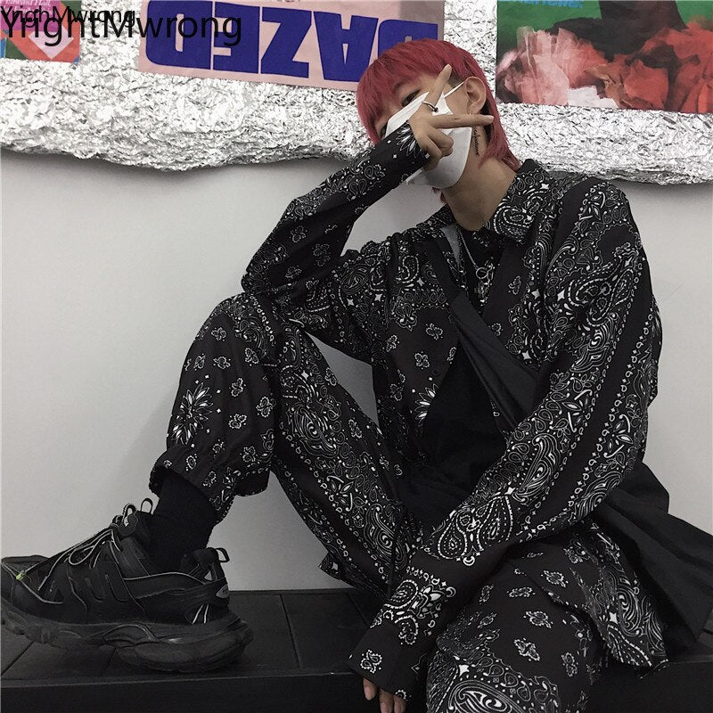 Two Piece Set Top and Pant Suit Long Sleeve Bandana Outfit Button Shirt Jogger Trouser Summer Fall Woman Man Street y2k Harajuku