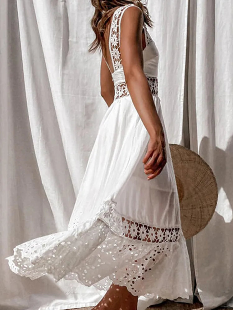 White Lace Long Dresses Women Summer Sleeveless Backless Cotton Dress Elegant Fashion Casual Hollow Out Big Swing Beach Sundress