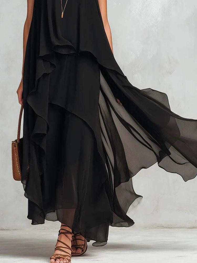 New Women's Sleeveless Black Color Maxi Dress Summer Holiday O Neck Elegant Chic Loose Fashion Ladies Irregular Dress Streetwear