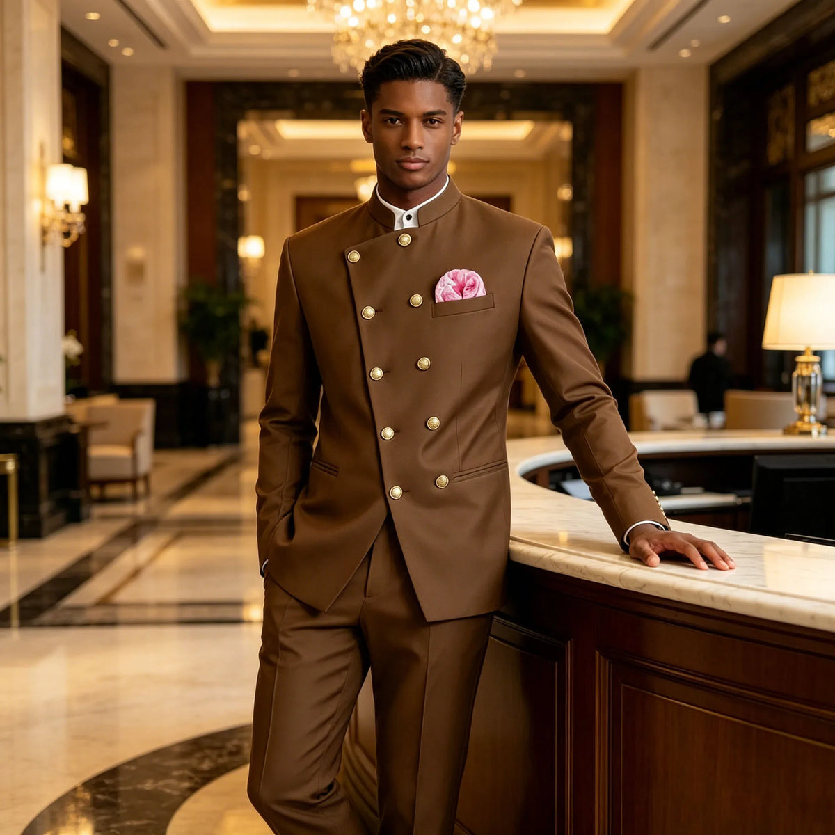 Men's Business Casual Suit 2 Piece Brown Mandarin Collar Double Breasted With Gold Buttons