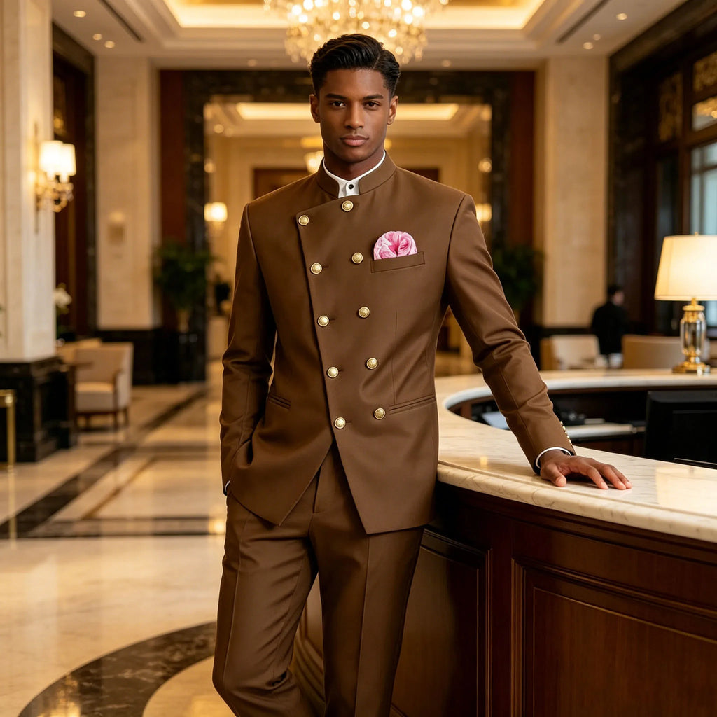 Men's Style Suit 2 Piece Brown Mandarin Collar Double Breasted With Gold Buttons