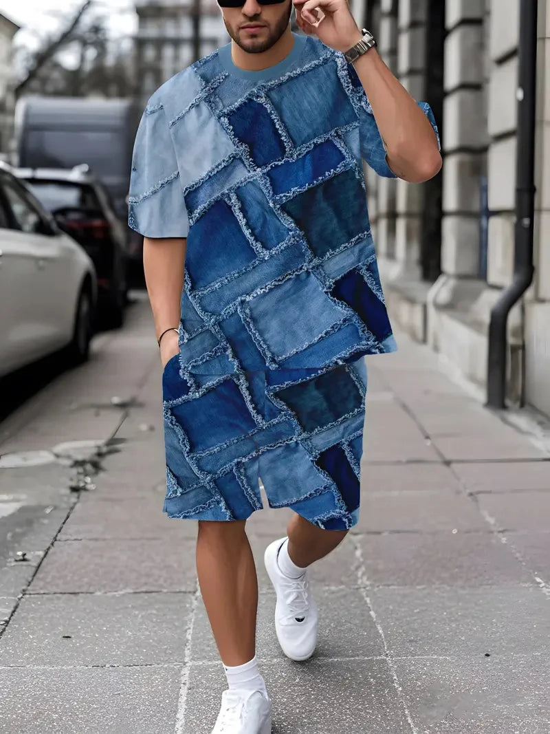 Denim Graphic T-shirt And Shorts 2-piece Set 2025 Plus Size Men's Clothing Casual Loose Drawstring Waist Shorts Short Sleeve Top