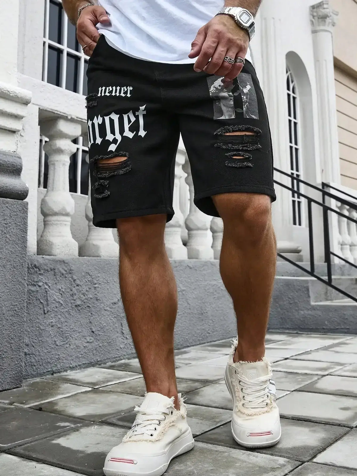 Herren Sommer Stretchy Denim Shorts Jeans Für Herren Streetwear Zerrissene Buchstaben Knielange Baggy Bequeme Cargo Freizeithosen Jeansshorts
