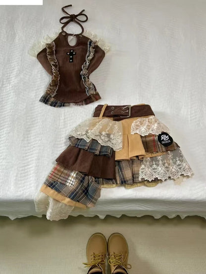Vintage Summer Elegant Y2K Woman 2 Piece Sets Punk Gothic Strapless Crop Tops +High Waist Ruffle Skirt Female Party Outfits