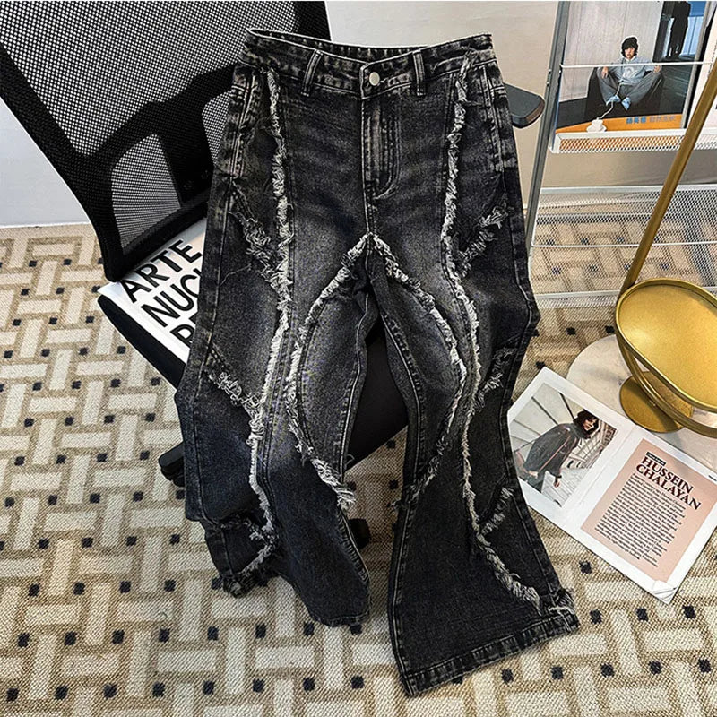 Men's Fringed Denim Set 2026 Spring New American Retro Washed Shoulder Padded Zipper Jacket Splicing Jeans Two Pieces Sets