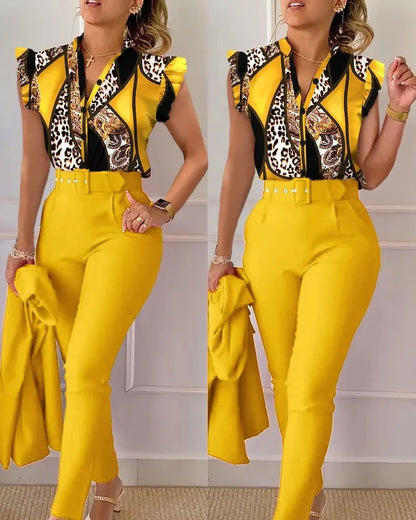 Spring Summer Women's New Printed Lotus Leaf Sleeveless Shirt Suit Elegant Slim Femal Office  Long Pants Belt Two Piece Set
