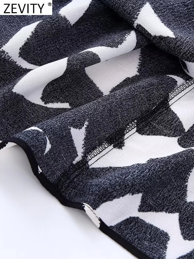 Zevity New Women Vintage Graffiti Print Casual Slim Sashes Midi Shirt Dress Female Chic Long Sleeve Business Vestidos DS2061