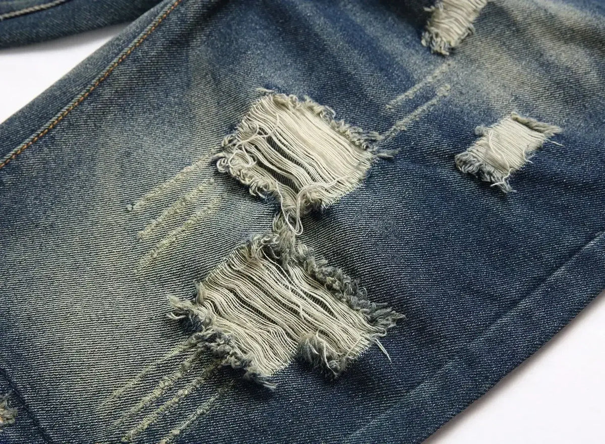 Men's Vintage Washed Denim Shorts, Ripped Street Style