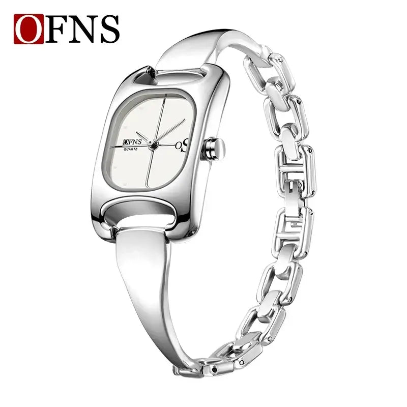 OFNS 5518 New women's watch high-end alloy niche ladies' square watch 3D studded waterproof quartz watch in silver white