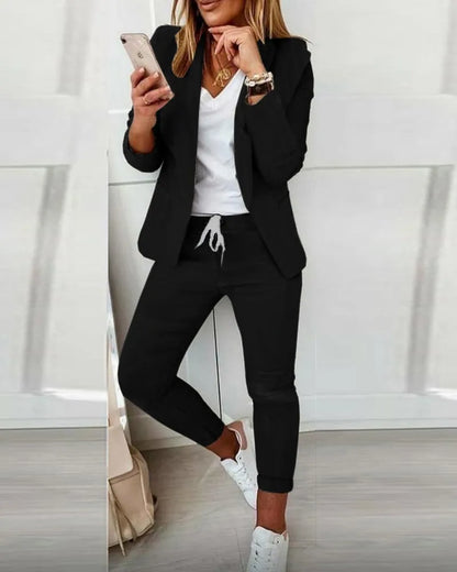Women's Monochrome Casual Business Suit Temperament Commuting Pants Drawstring Elastic Waist Fashion Slit Suit Two-piece Set