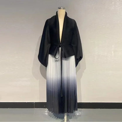 EGRM Gradient Pleated Fashion 2 Piece Set Women Belt Batwing Sleeves Tops A-line Long Dresses Elegant Party New Sets 32C1389