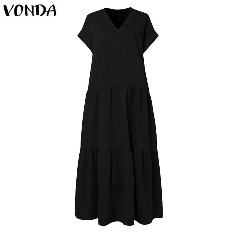 Plus Size VONDA Women Bohemian Dress 2025 Summer Sundress Solid Color Casual Short Sleeve Party Ruffled Vestidos V-Neck Robe