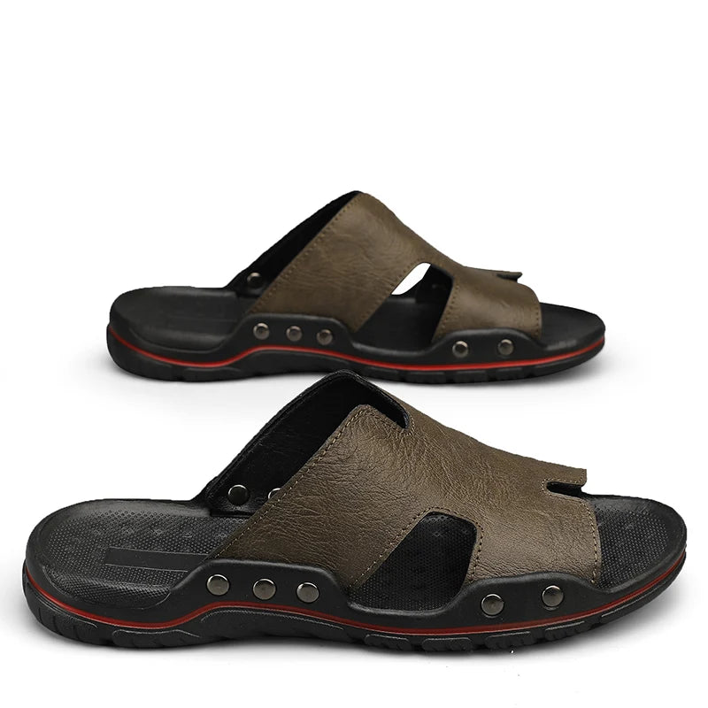 Men's Slippers Leather Summer Outside Sandals Lightweight Soft Sole Beach Slippers Casual Slide Mens Shoes Big Size 39-48