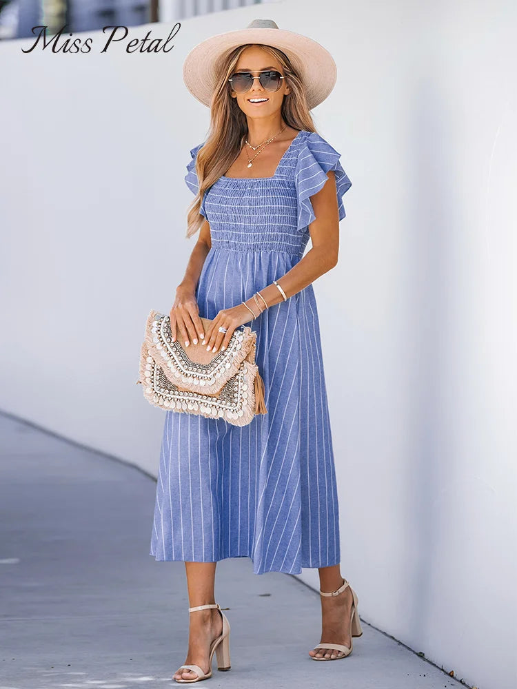 Striped Smocked Midi Dress For Women Sexy Square Neck Ruffle Short Sleeve Holiday Beach A-line Dress 2023 Summer Female Sundress