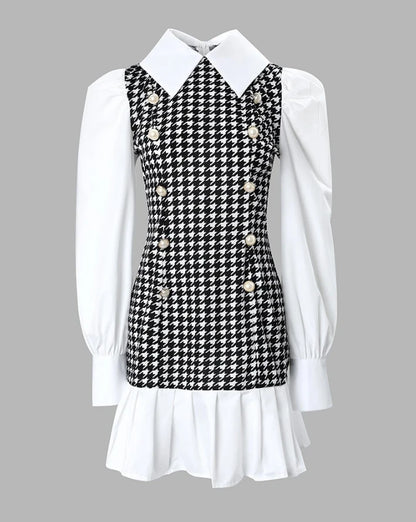 Womens Dresses  Spring Fashion Houndstooth Button Decor Puff Sleeve Ruffle Hem Elegant Turn-Down Collar Daily A Line Dress
