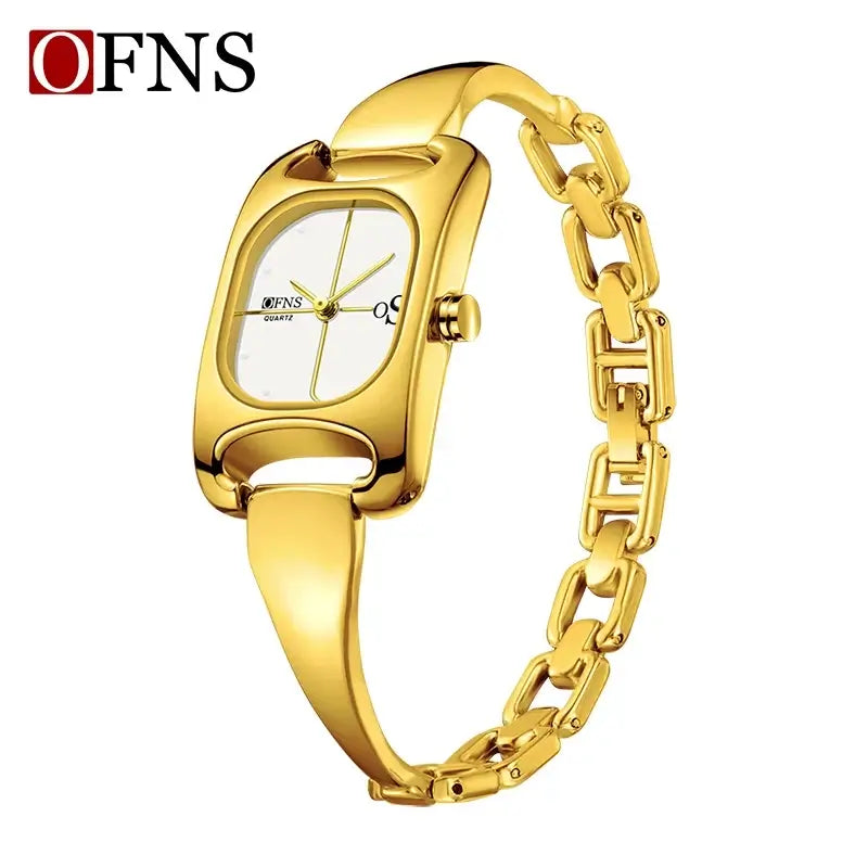 OFNS 5518 New women's watch high-end alloy niche ladies' square watch 3D studded waterproof quartz watch in gold. 18cm band.