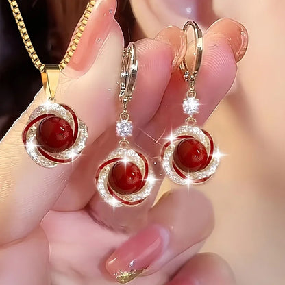 3pcs Shining Zircon Flower Jewelry Sets for Women Light Luxury Imitation Pearl Pendant Necklace Earrings Banquet Party Jewelry