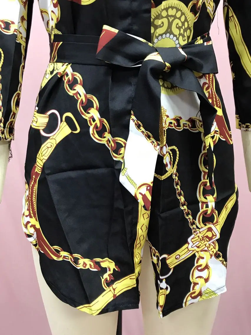 2024 Autumn New Women's Dress Fashionable Sexy Gold Chain Slim Fit Printed Single Breasted Lace Up Waist Cinching Short Skirt