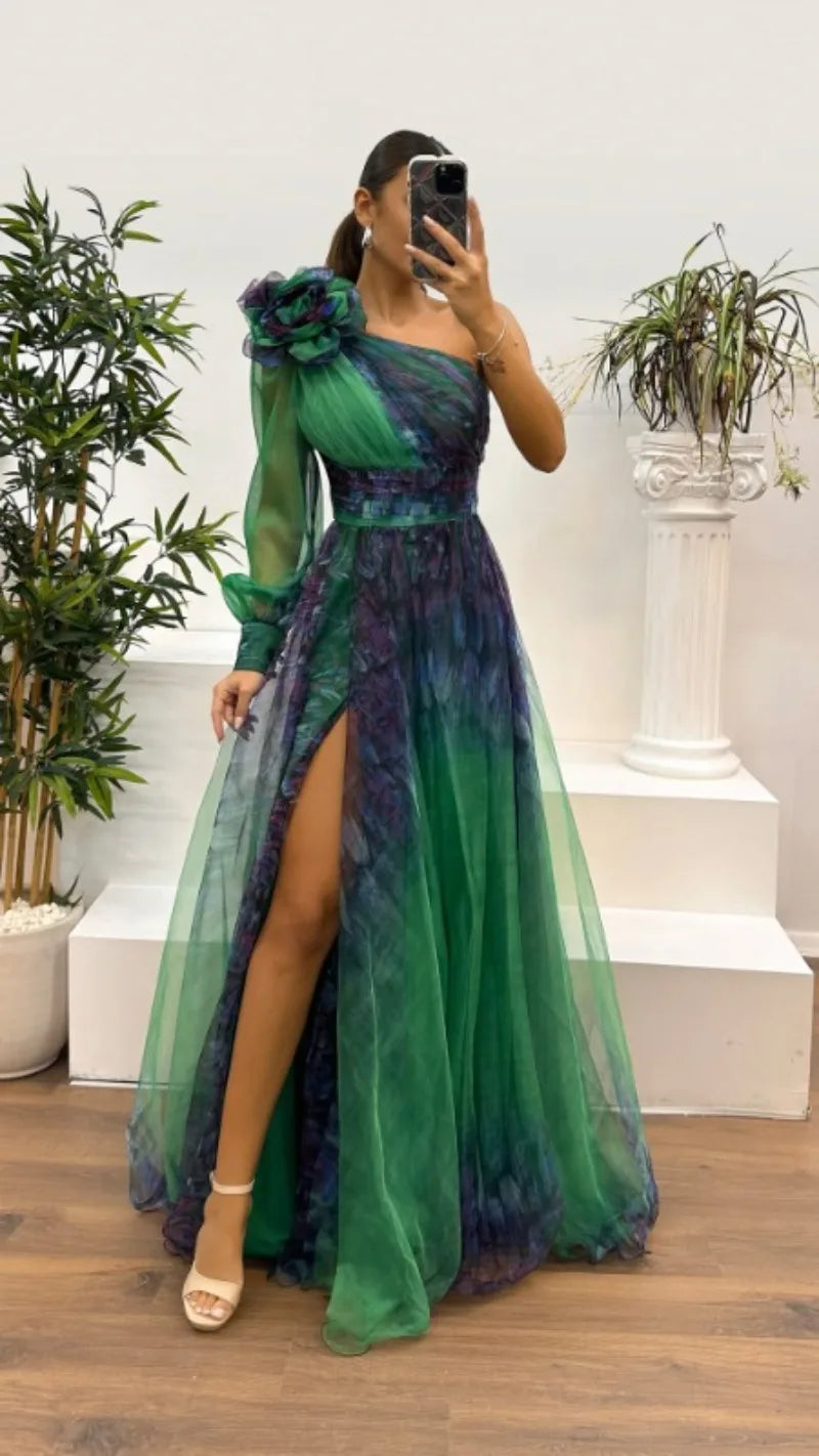 2025 Women Evening Dress Off Shoulder Pleated Long Lantern Sleeve Split Hem Maxi Dress Rhinestone Decor High Waist Party Dresses