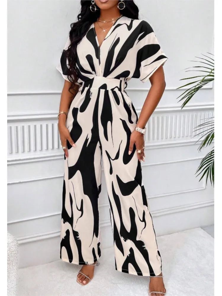 Women Wide Leg Jumpsuit Spring Summer Fashion V Neck Short Sleeve High Waist Full Body Printed Jumpsuits Casual One Pieces