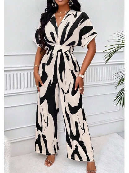Women Wide Leg Jumpsuit Spring Summer Fashion V Neck Short Sleeve High Waist Full Body Printed Jumpsuits Casual One Pieces