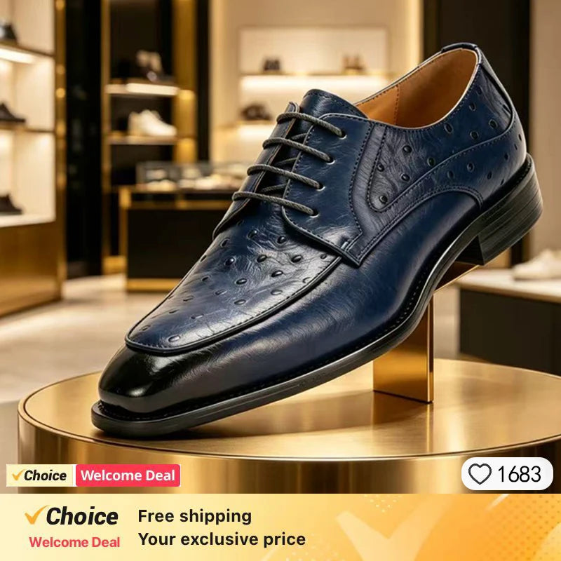 2026 new ostrich leather pattern men's genuine leather formal wear handmade cowhide Fashion casual business leather shoes