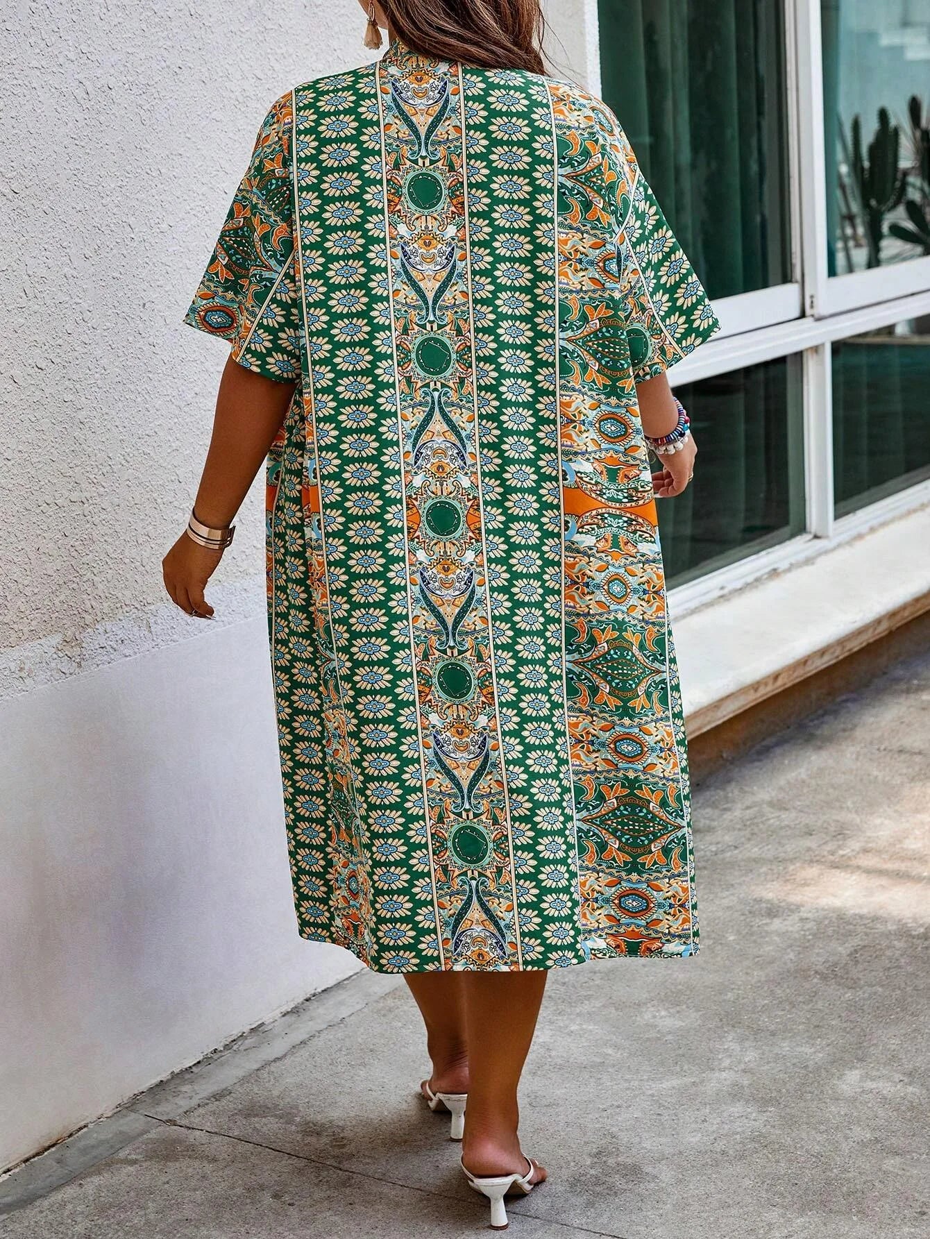 Women's Plus Size Printed Two-piece Set, featuring a bohemian print open front kimono with short sleeves and shorts ensemble.