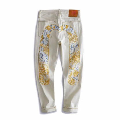 Male Cowboy Pants Beige Embroidery Jeans for Men Straight Trousers Plus Size New in Original Trend  Korean Fashion Regular