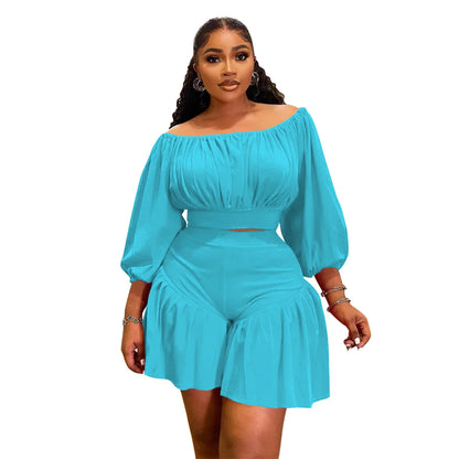 CM.YAYA Plus Size Women's Set Long Sleeve Slash Neck T-Shirt and Shorts  Summer Ruched Two 2 Piece Set Outfits Tracksuit