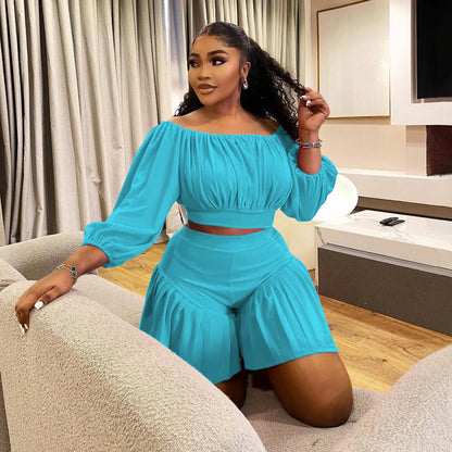 CM.YAYA Plus Size Women's Set Long Sleeve Slash Neck T-Shirt and Shorts  Summer Ruched Two 2 Piece Set Outfits Tracksuit