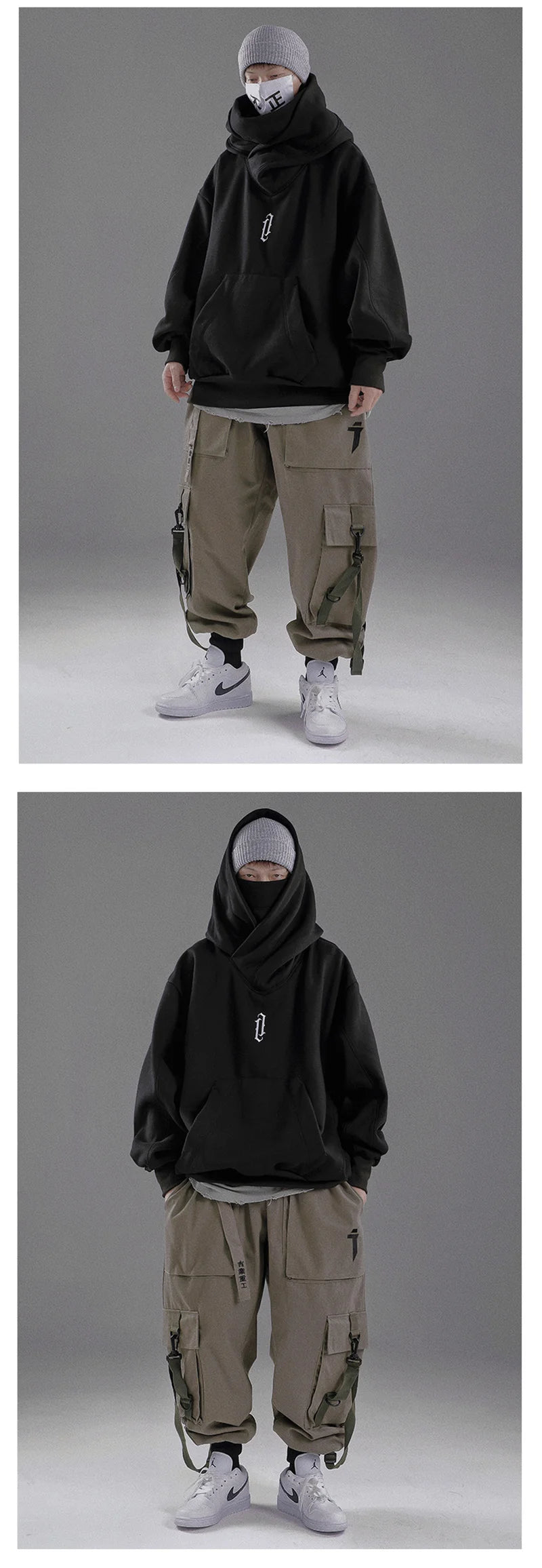 Embroidery Turtleneck Sweatshirt For Men Japanese Ninja Hoodies Autumn Hip Hop Fleece Pocket Streetwear Oversized Y2K Hoody