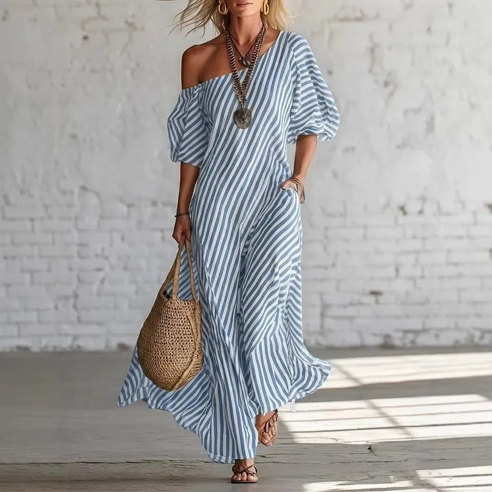 Summer Woman Dress Long Striped Off Shoulder Dresses Short Sleeve Maxi Dress Wrap Style Pink Striped Shirt Dress 's Women's