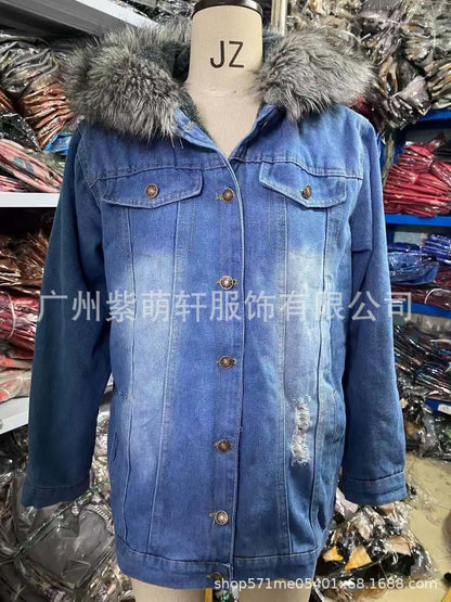 Autumn Women Fashion Denim Coats Retro Big Fur Collar Denim Jacket Temperament Hole Distressed Stitching Jackets Coat