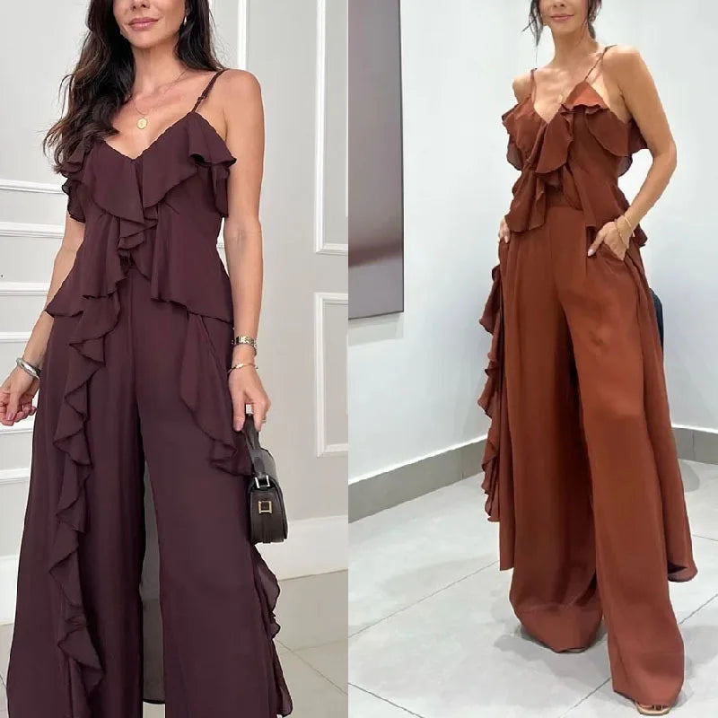 Women's Solid Color Chiffon V-neck Suspender Ruffle Edge Straight Leg Pants Two-piece Set for Summer