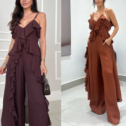 Women's Solid Color Chiffon V-neck Suspender Ruffle Edge Straight Leg Pants Two-piece Set for Summer