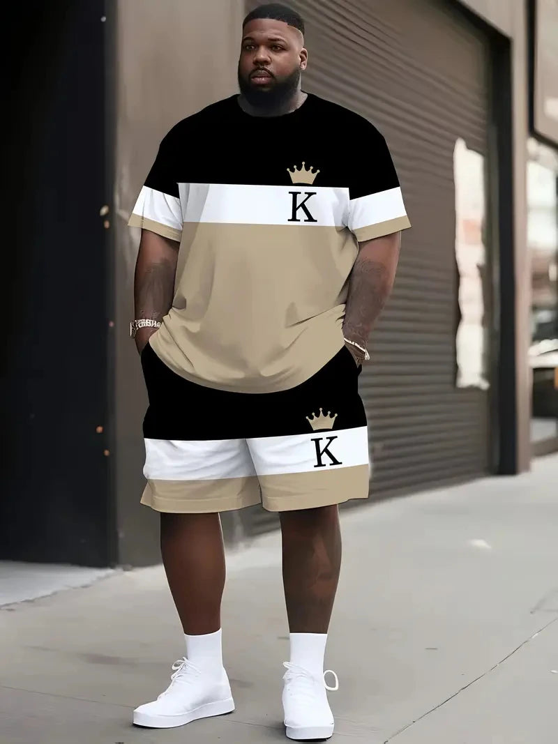 Denim Graphic T-shirt And Shorts 2-piece Set 2025 Plus Size Men's Clothing Casual Loose Drawstring Waist Shorts Short Sleeve Top