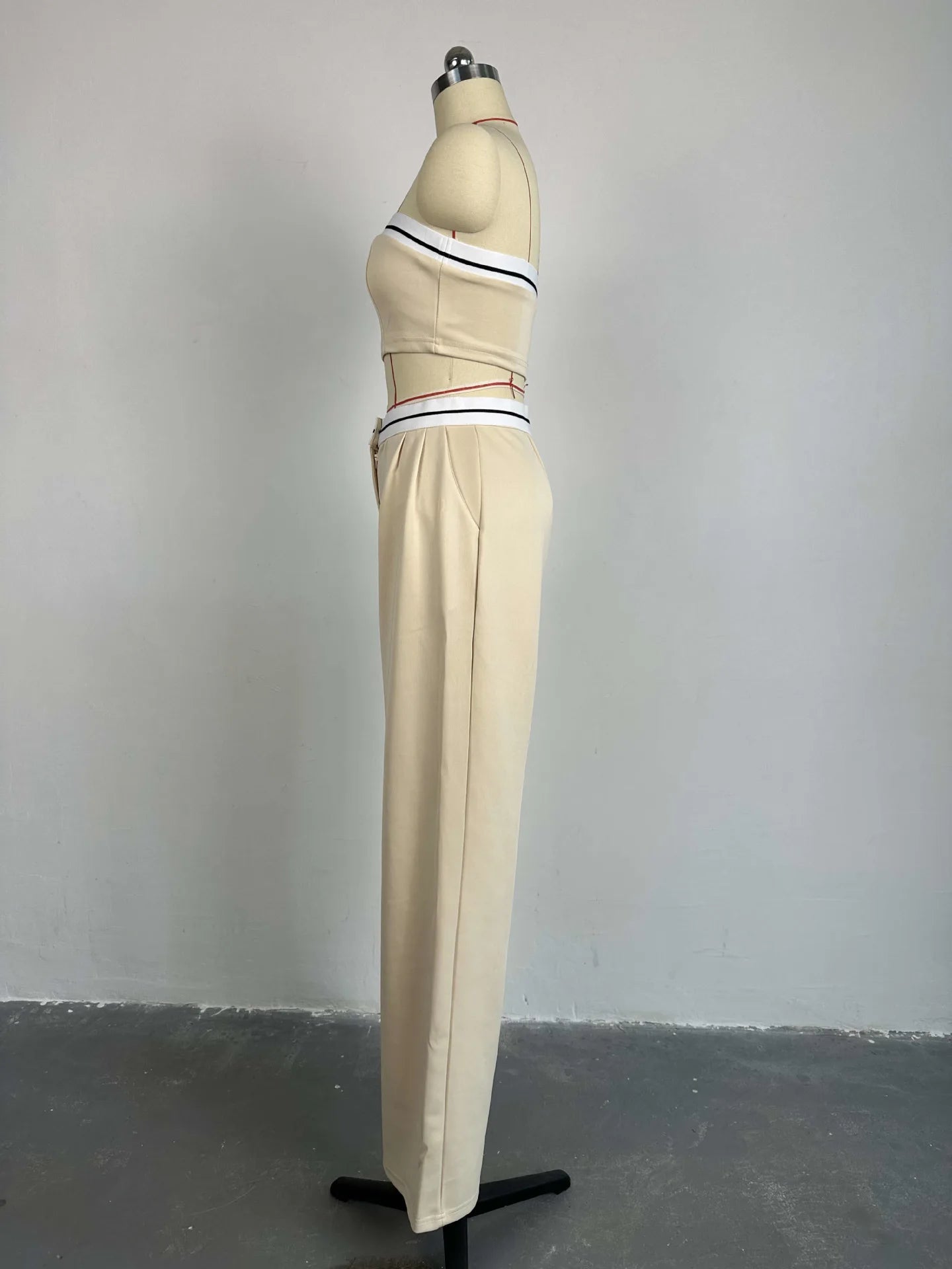 Women Two Piece Pant Sets Vest Spliced Sleeveless Strapless High Waist Long Pants Pockets Button Sporty Summer Casual