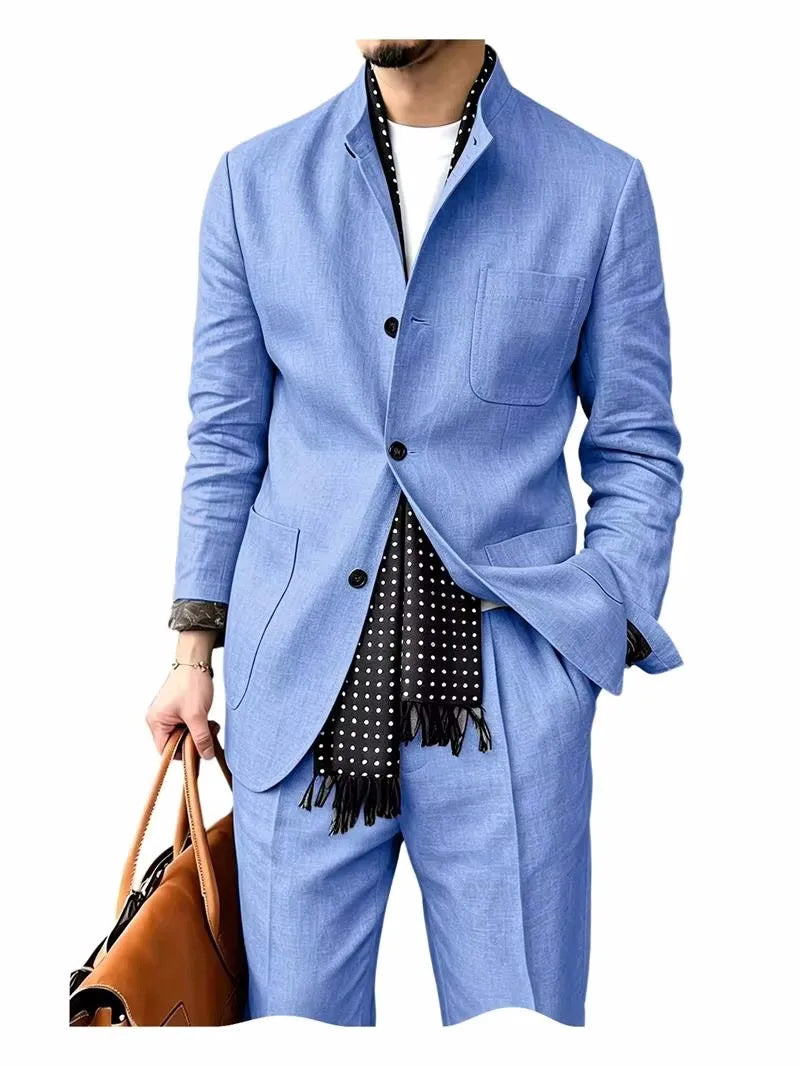 Men's 2 Piece Suit Linen Blend Stand Collar Single Breasted 3 Button Slim Fit Business Casual Vacation Wedding Breathable Outfit