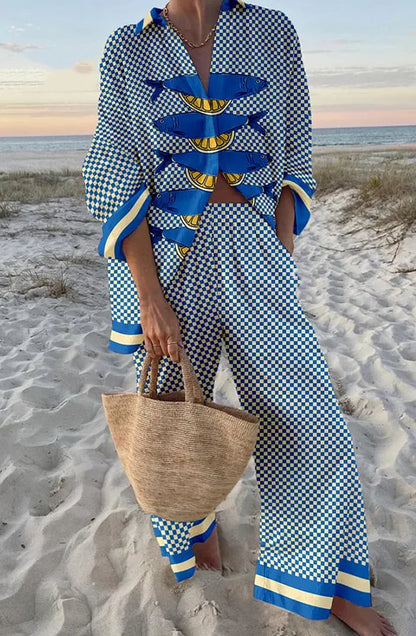 Women's Summer Fashion Printed Seaside Beach Vacation Style Two-piece Set Women's Long-sleeved Shirt Top + Wide-leg Women's Suit