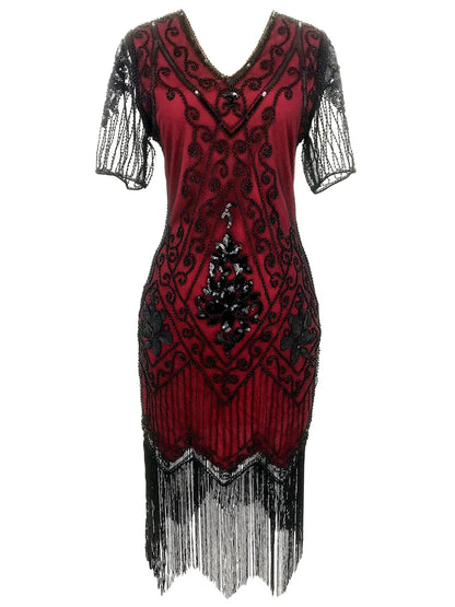 Embellished Beaded Sequin Dress Robe Vestidos Women 1920s Flapper Dress Vintage V Neck Butterfly Sleeve Long Great Gatsby Dress