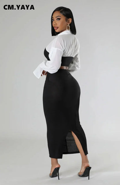 CM.YAYA Womens Two 2 Piece Sets Full Sleeve Shirt and Split Long Skirt Suit  Fall Streetwear Sexy Night Club Party Outfits
