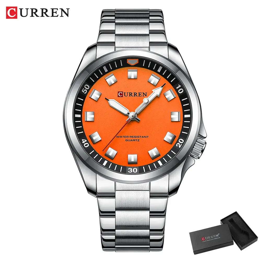 CURREN 8451 Fashion Men Watch Top Brand Luxury Waterproof Sport Mens Watches Stainless steel Automatic Date Military Wristwatch with orange dial.