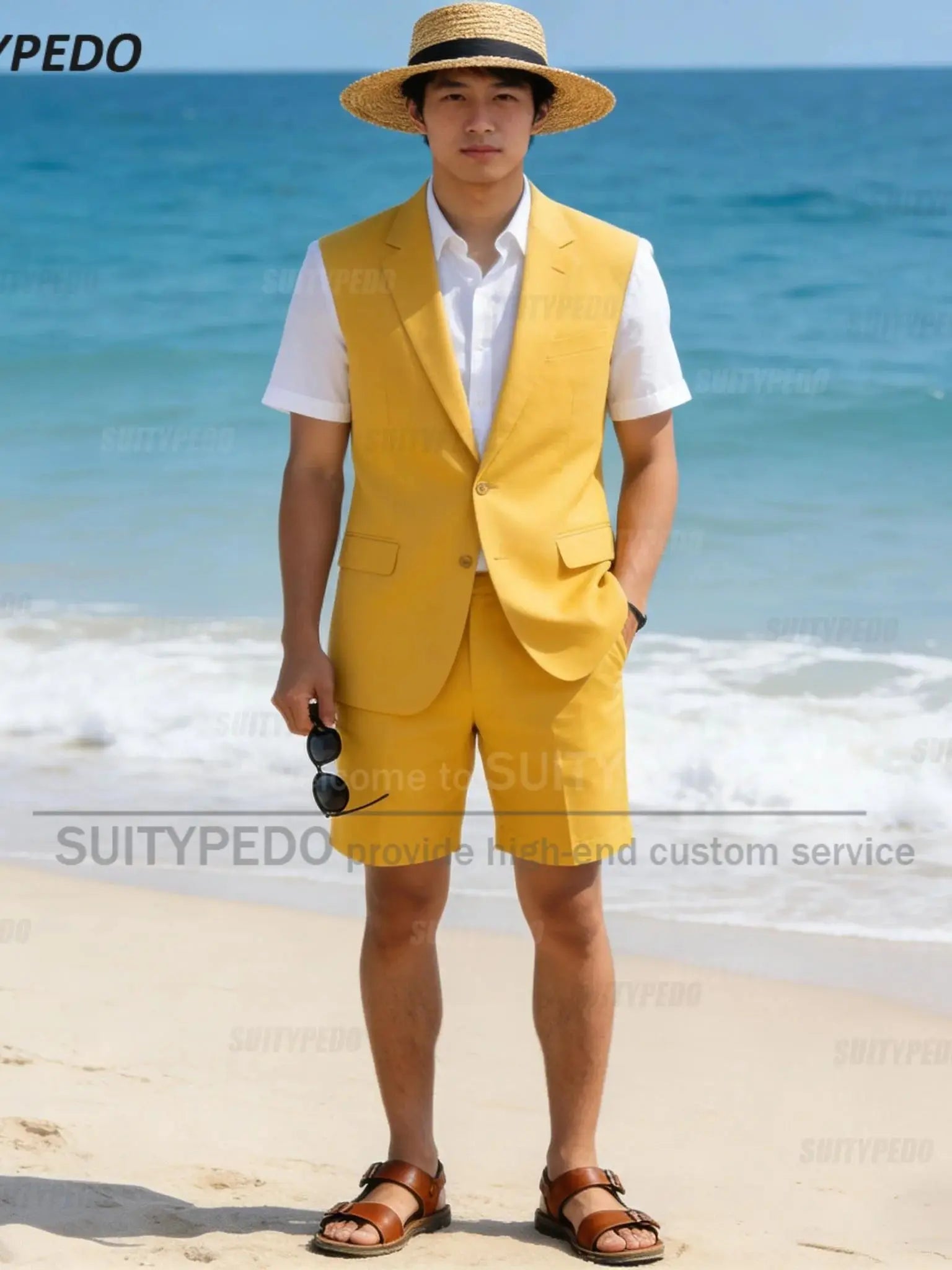 Summer New Design Men Suit Sets 2 Piecs Brief  Sleeveless Blaze And  Shorts Single Breasted Daily Beach Wedding Party Prom Suit