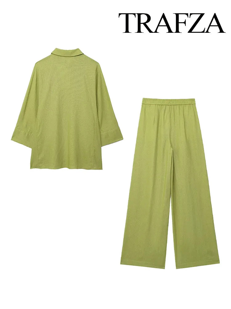TRAFZA  Women 2 Piece Set Elastic Waist Pocket Folds Decorate Wide Leg Pants+Solid Single-Breasted Slit Hem Blouse Top
