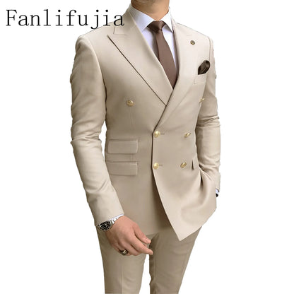 Fanlifujia Store  Casual Sky Blue Men Suits Double Brested Peak Lapel  Gold Button Groom Wedding Tuxedos Best Costume Homme