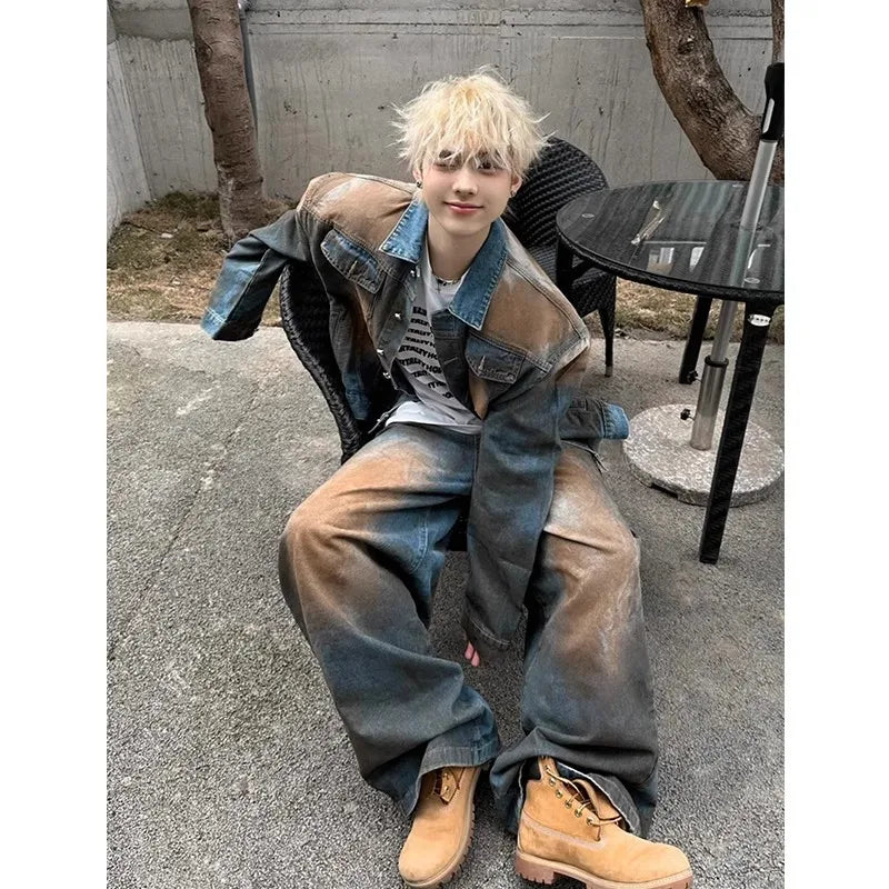 American Style Faded Denim Jacket And Pants Set Men's Trendy Vintage Washed Shoulder Padded Jeans Outerwear for Teens