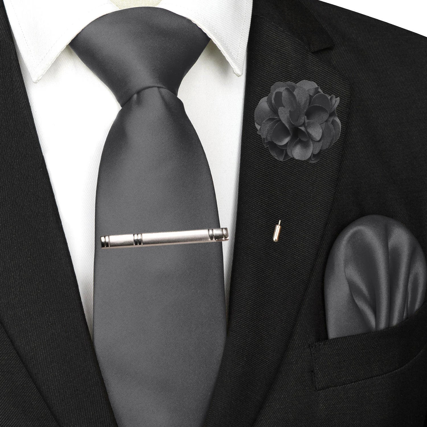 Mens Colors Solid Tie and Lapel Pin Necktie Pocket Square and Tie Clip Sets for Business Casual 4PCS